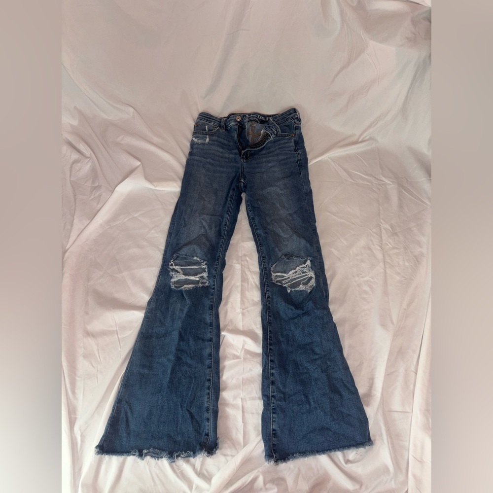 American Eagle Outfitters Blue Distressed Flare Jeans
